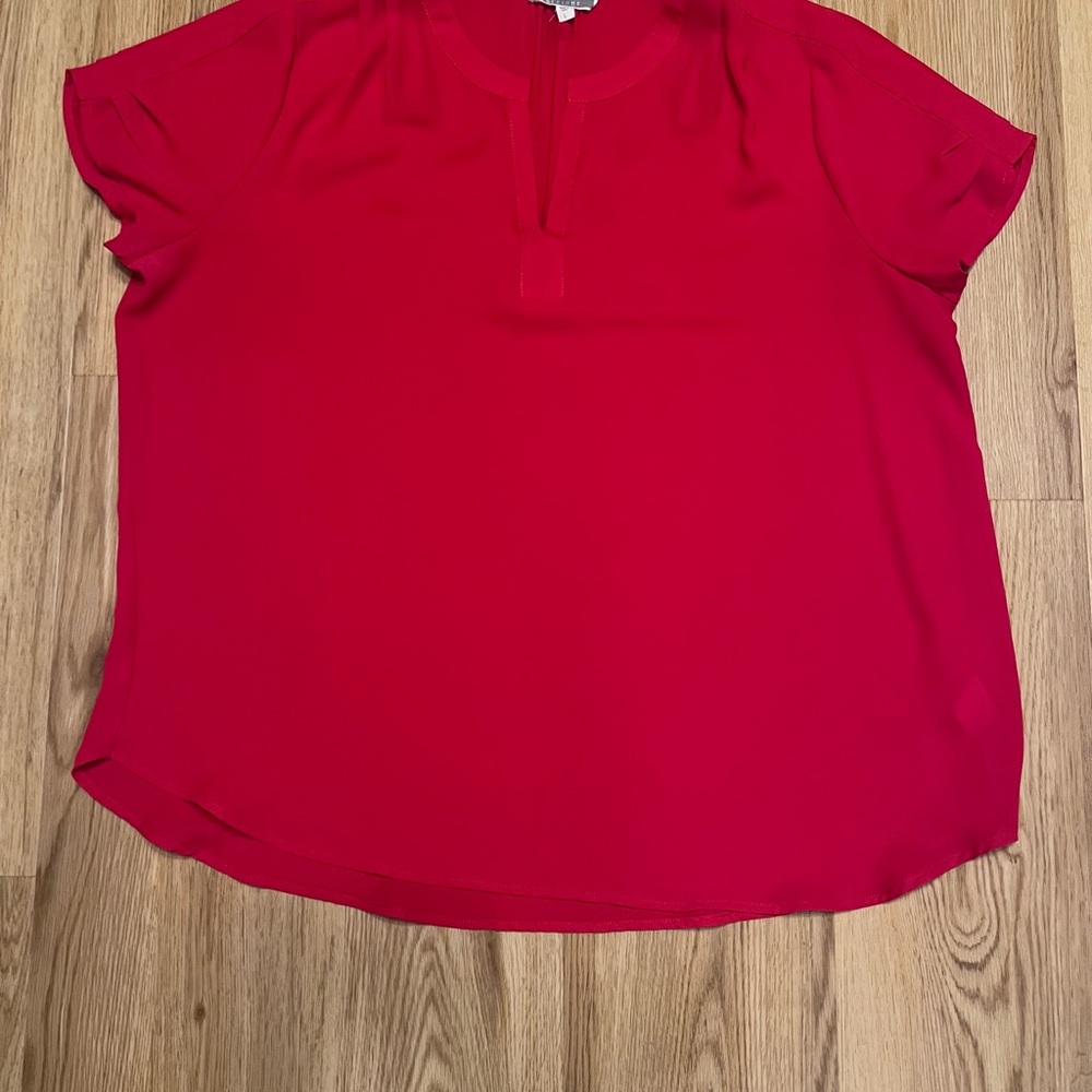 Pleione Red Boxy Cap Sleeve Mandarin Collar Blouse